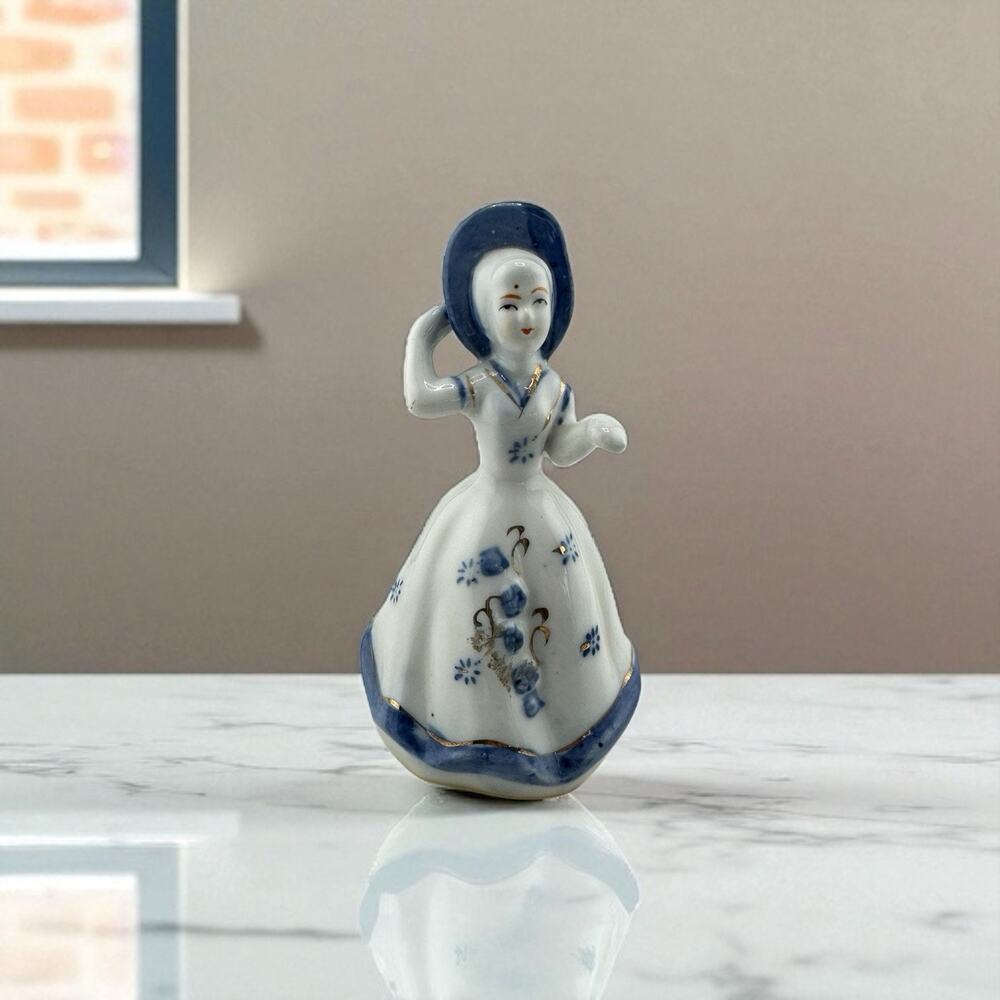 Vintage Blue and White Porcelain Hand Painted Southern Belle Figurine China 5"
